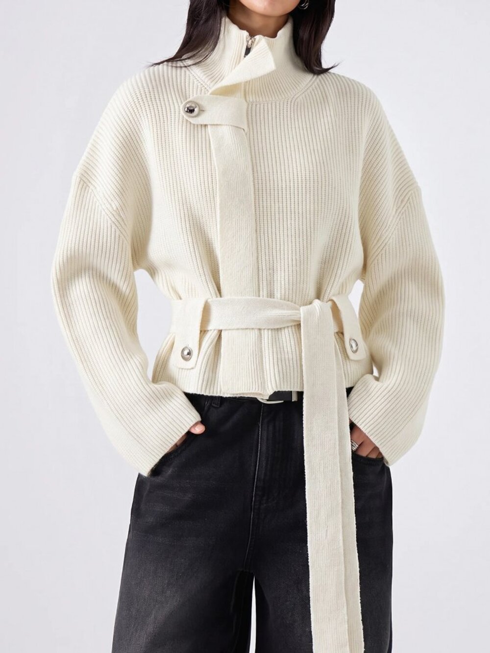 White Casual Women's High Neck Drop Shoulder Belted Cardigan